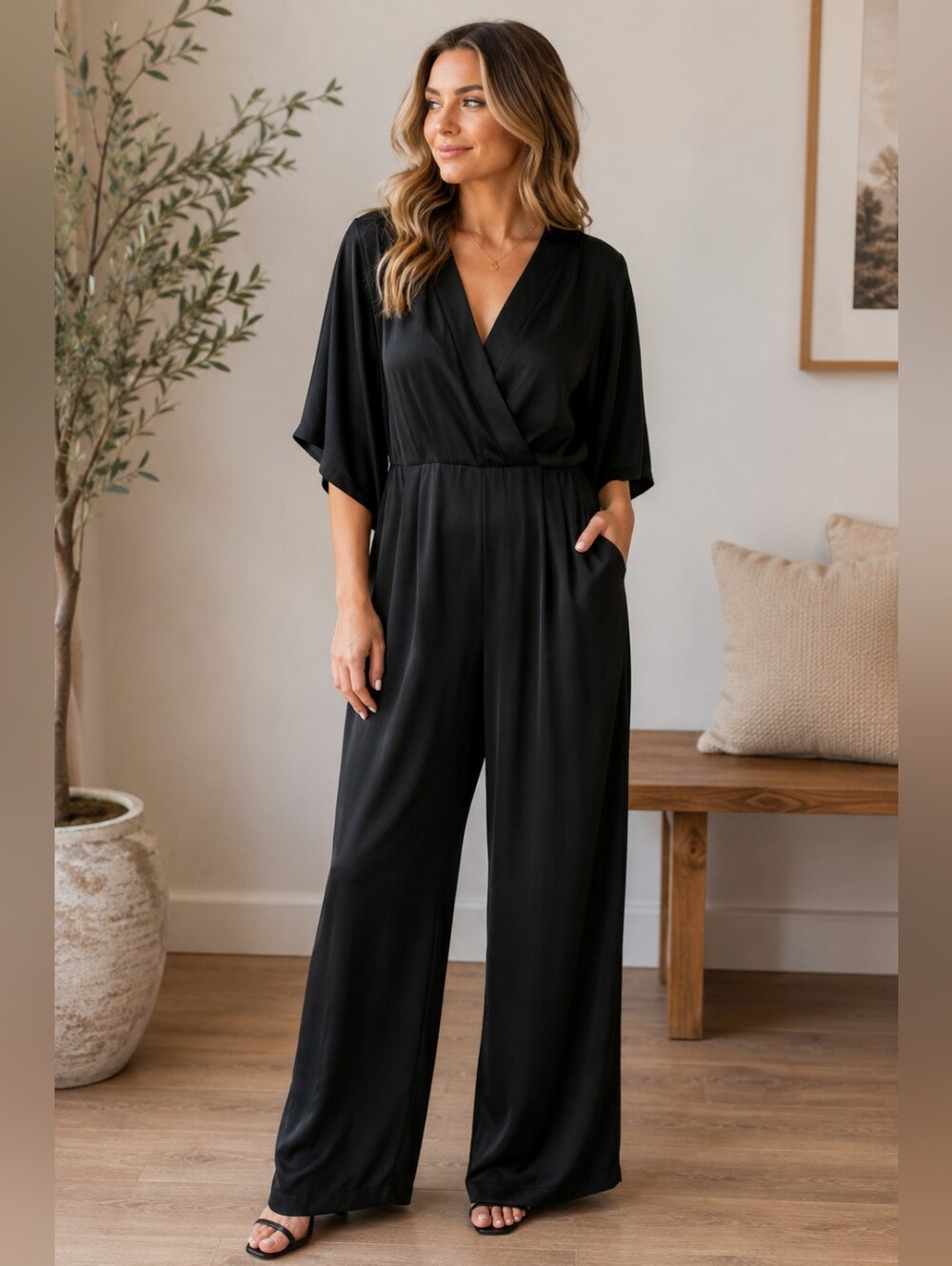 Truth & Fable Women’s Black Wide Leg Jumpsuit Surplice V-Neck Bell Sleeve S. L